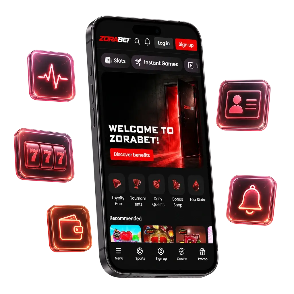 Interfața aplicației ZoraBet cu pariuri sportive, cazino live și sloturi într-un singur meniu unificat.