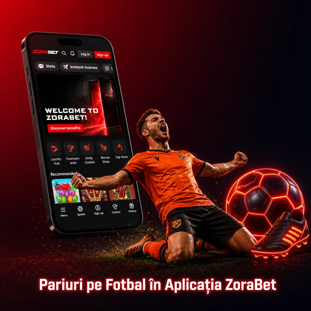 Aplicația mobilă ZoraBet pentru pariuri pe fotbal, disponibilă pe Android și iOS, cu cote live și notificări push.