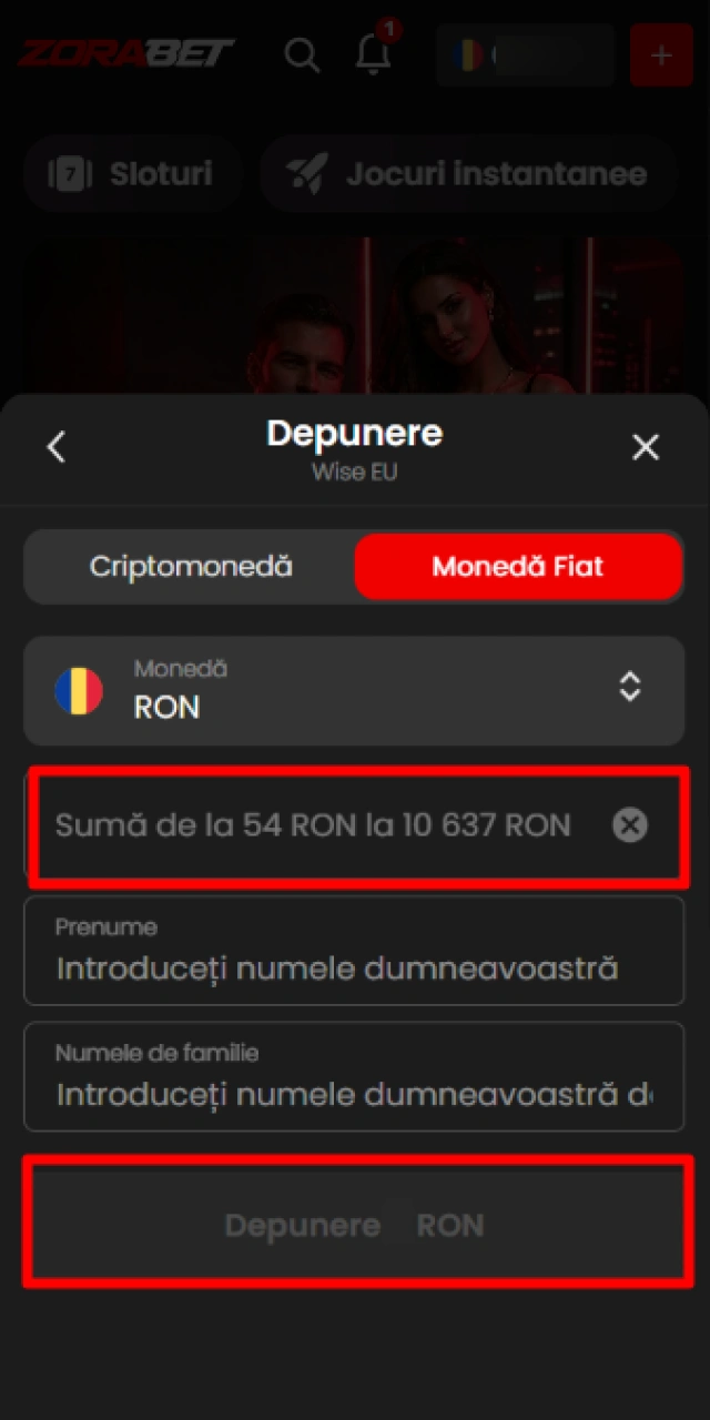Introdu suma pe care dorești să o depui și confirmă tranzacția la ZoraBet.