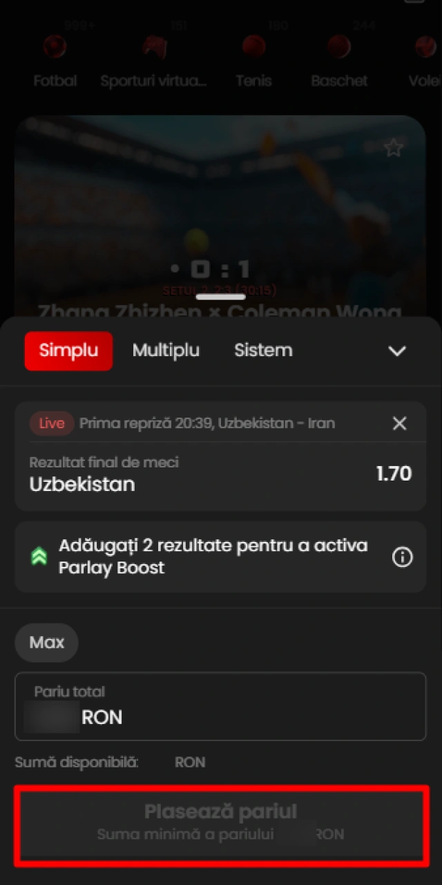 Verifică detaliile și confirmă biletul de pariu la ZoraBet.