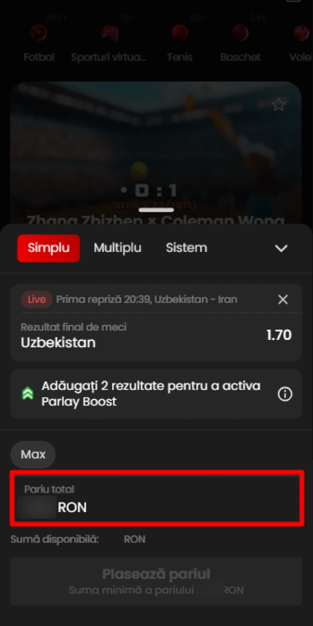 Introdu suma pe care dorești să o pariezi pe biletul ZoraBet.